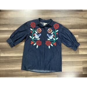 VTG Jacqueline Women’s Bird Floral Appliqué Denim Artsy Tunic L Boho Grandmacore